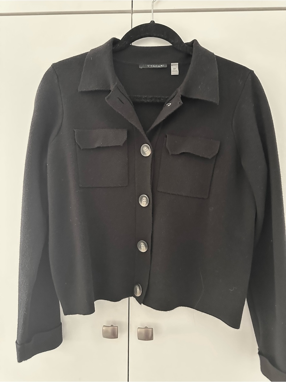 T Tahari Black Button-Front Knit Blazer/Cardigan